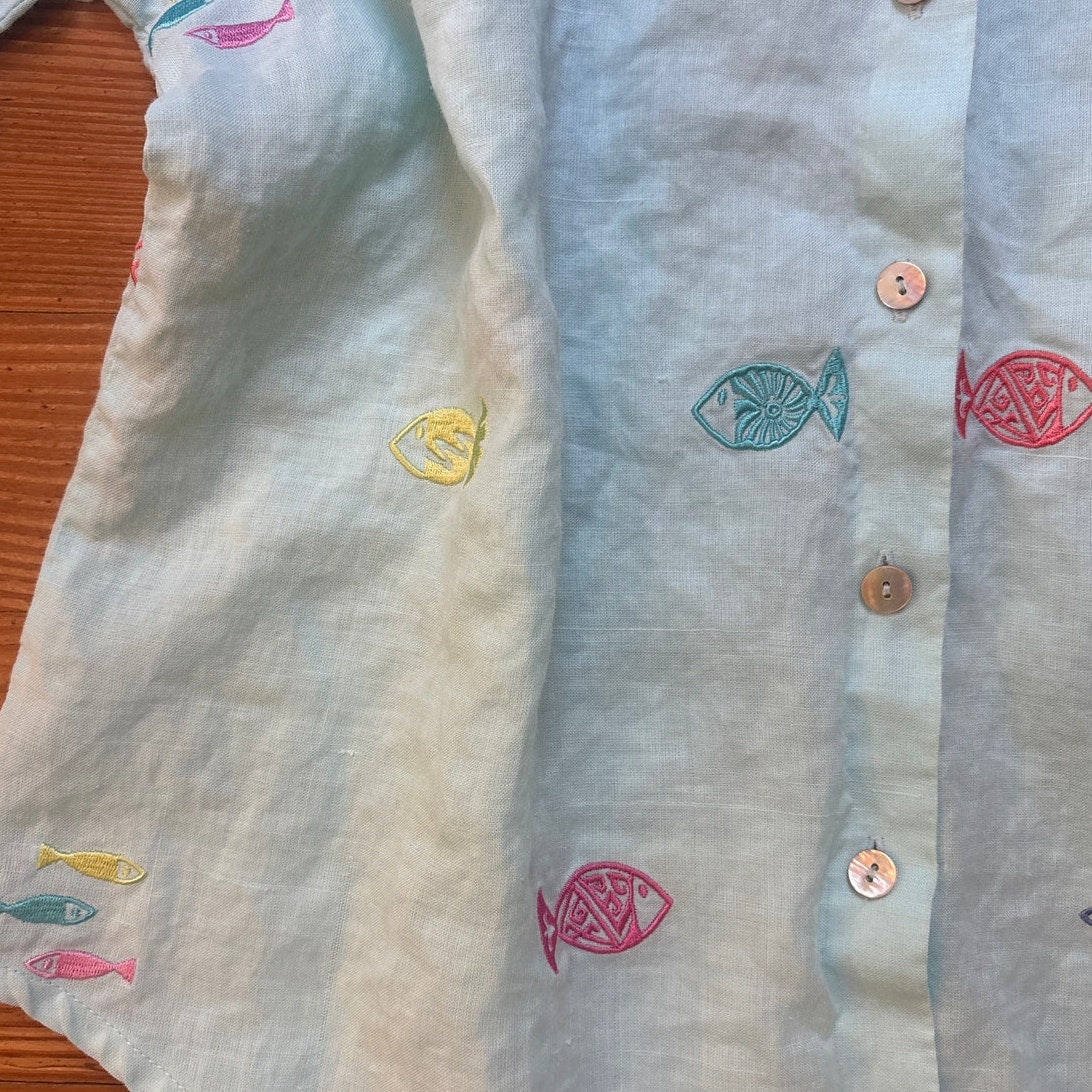 Casey Coleman blue linen fish embroidered button adjustable sleeve blouse SIZE S