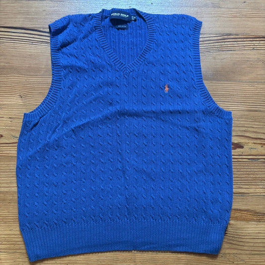 Polo Golf royal blue cotton cable knit mens pullover vest SIZE M