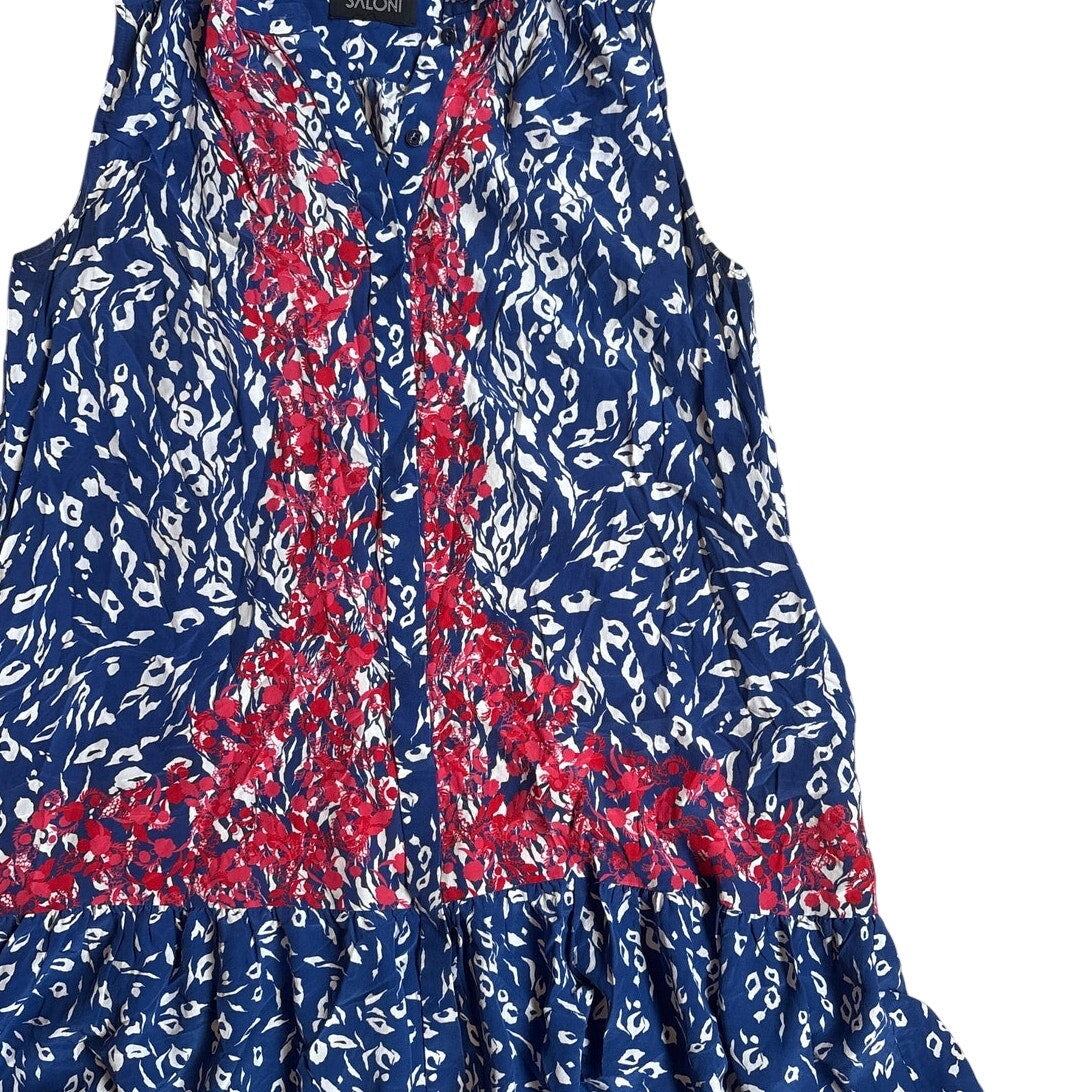 Saloni blue pattern silk drop waist sleeveless button dress SIZE L