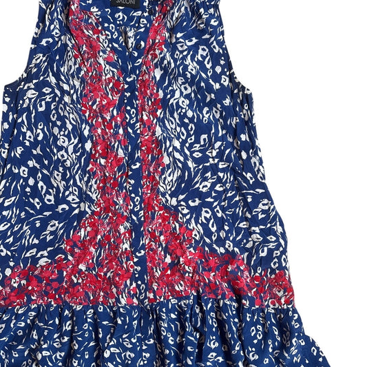 Saloni blue pattern silk drop waist sleeveless button dress SIZE L