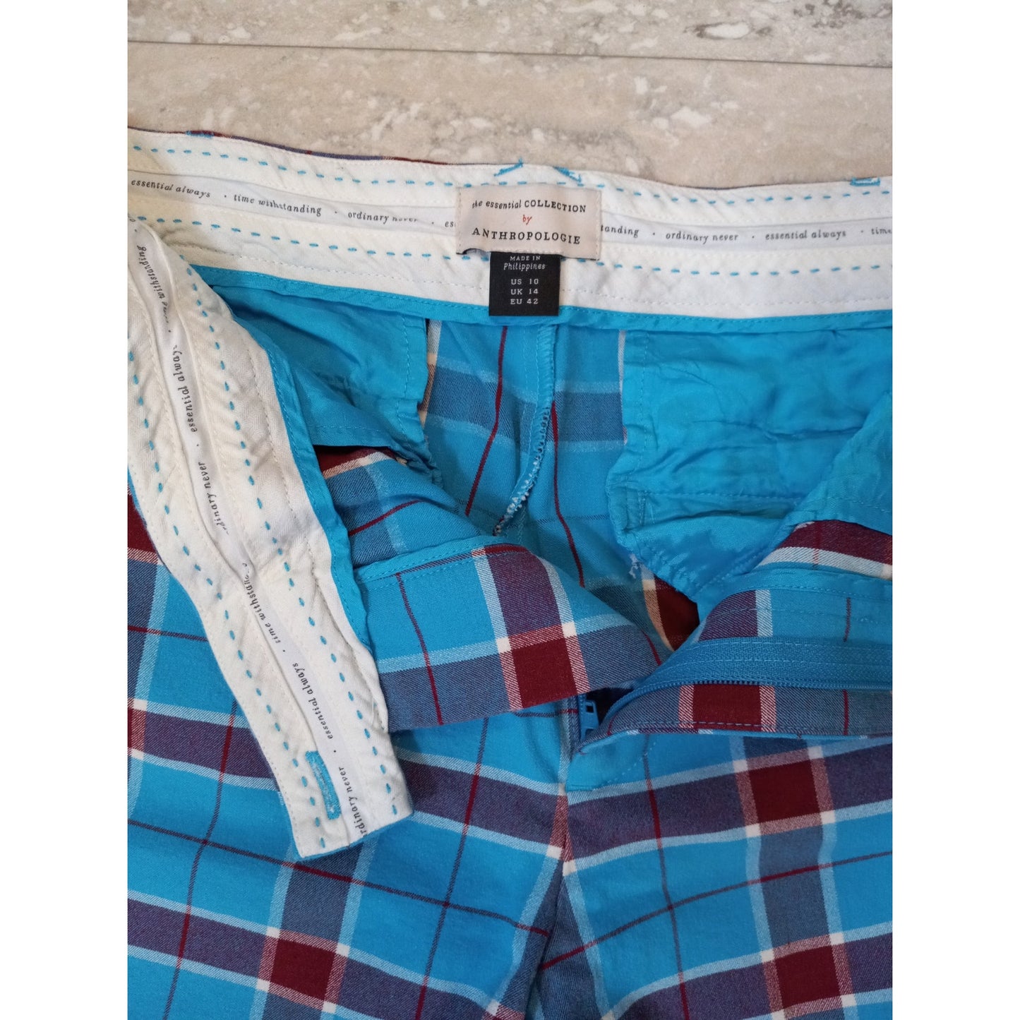 Anthropologie blue teal red plaid slim kick flare cropped trouser pants SIZE 10