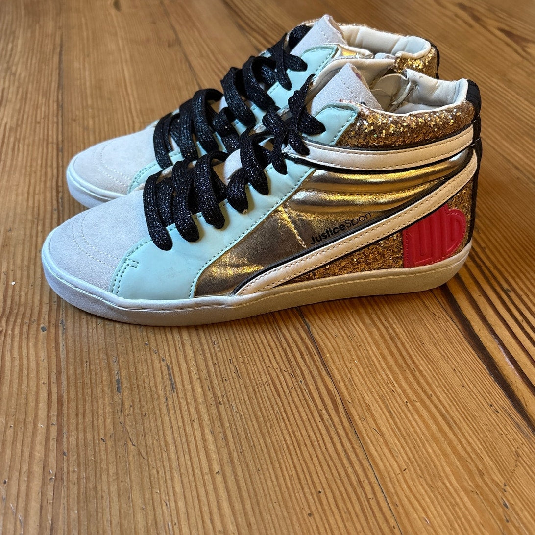 Justice Sport metallic gold glitter high top zipper side girls sneakers SIZE 4