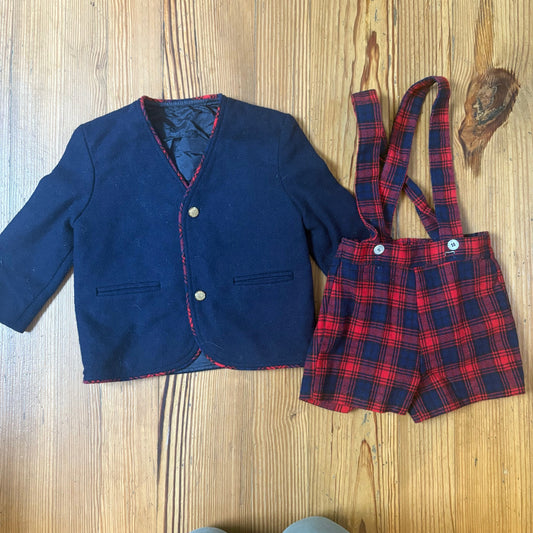 Jack Tar 90s wool blue jacket red check overall shorts boys set SIZE 2T
