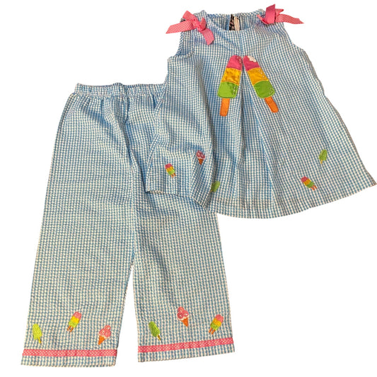 Rare Editions blue gingham ice cream embroidered tank shirt pant set SIZE 6