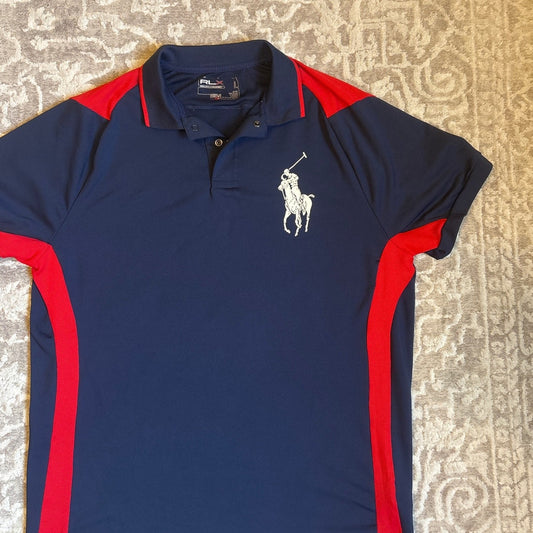 Ralph Lauren US Open 06' navy blue red short sleeve mens snap polo shirt SIZE L