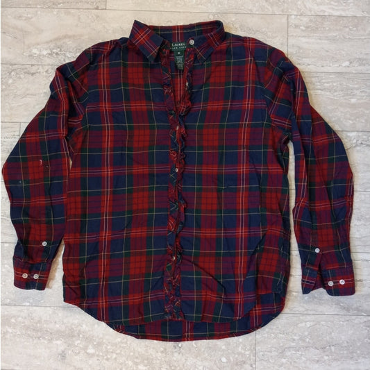 Ralph Lauren red blue plaid ruffle long sleeve wormens button up shirt SIZE M