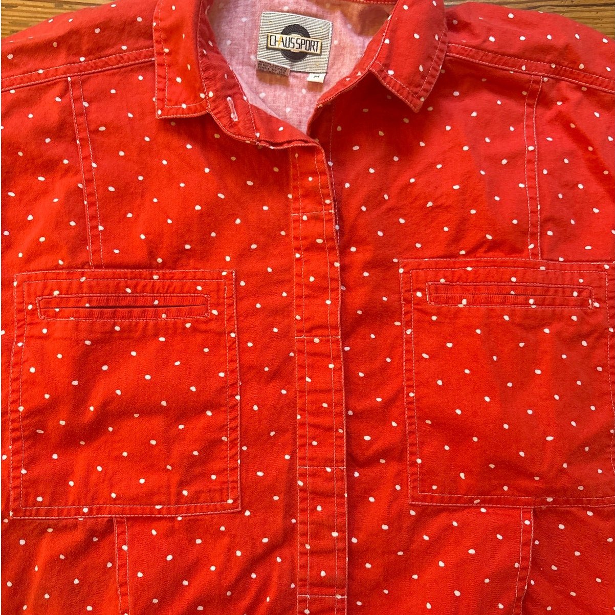 Chaus Sport 90s red white polka dot short sleeve button up womens shirt SIZE M