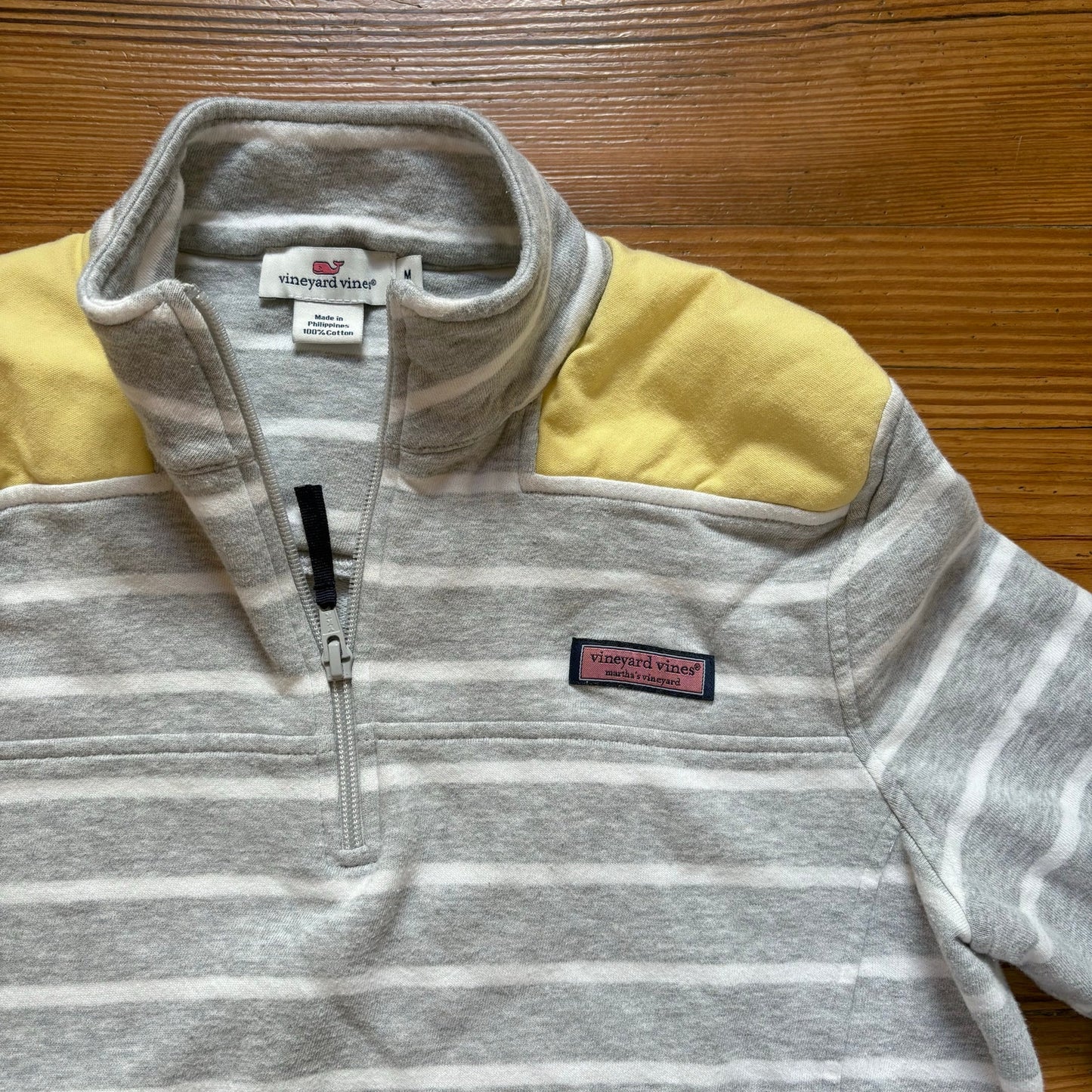 Vineyard Vines gray white striped yellow mock neck quarter zip sweater SIZE M