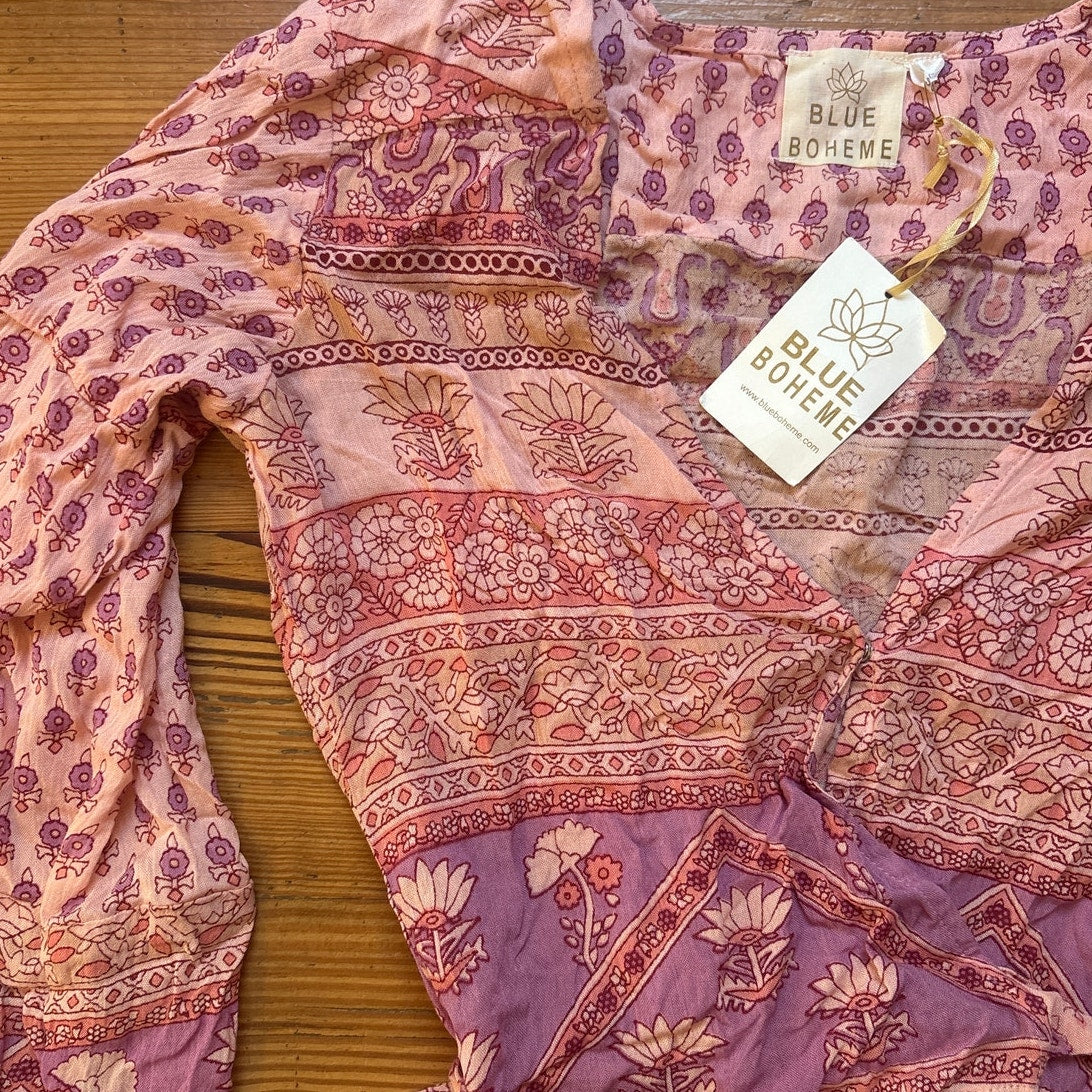 NWT Blue Boheme Bella pink romantic boho puff long sleeve wrap waist blouse OS