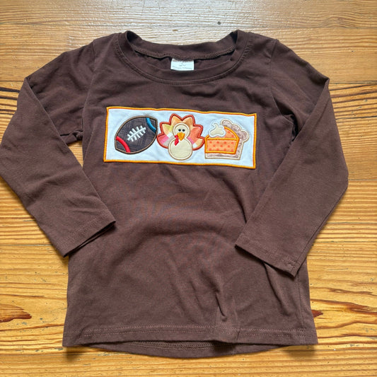 Thanksgiving brown football turkey pie embroidered long sleeve shirt SIZE 4T