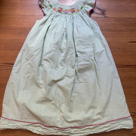 Vive La Fete green white striped seersucker bunny garden smocked dress SIZE 7