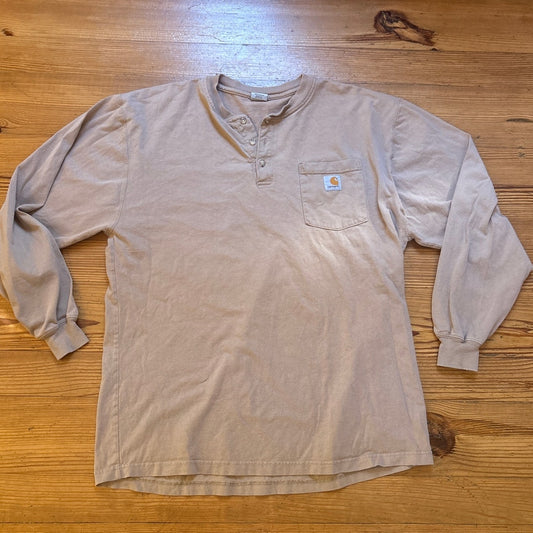 Carhartt beige long sleeve henley three button cotton shirt SIZE L