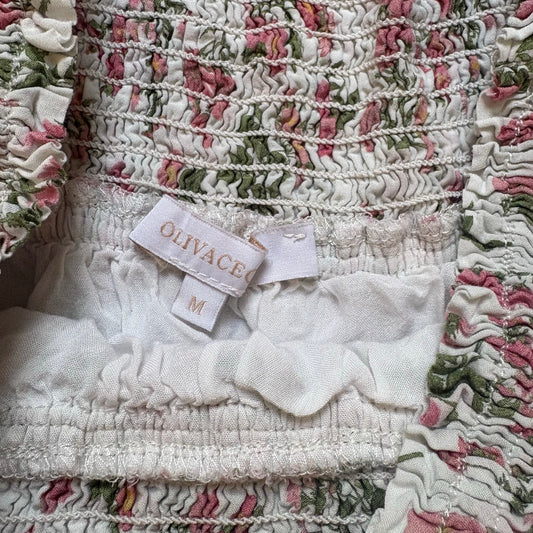 Olivaceous white pink floral ruched smocked tiered ruffle strapless top SIZE M