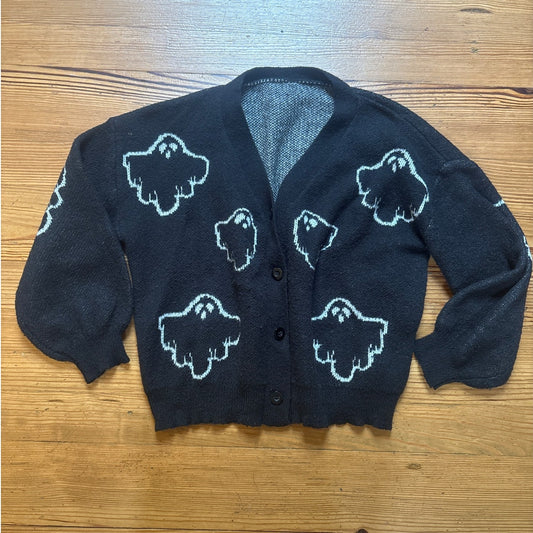 Shein black ghost Halloween chunky knit cardigan sweater SIZE 1XL