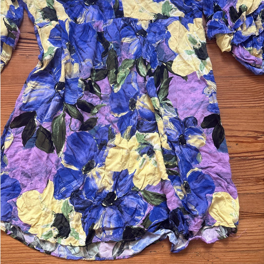 Fig & Flower purple floral ruffle quarter sleeve womens tunic blouse SIZE XL