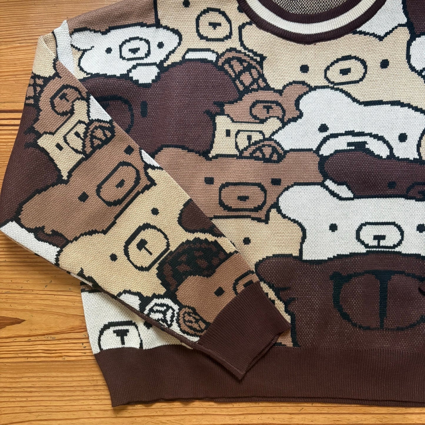 Shein brown cream teddy bear kidcore cropped crew sweater SIZE L