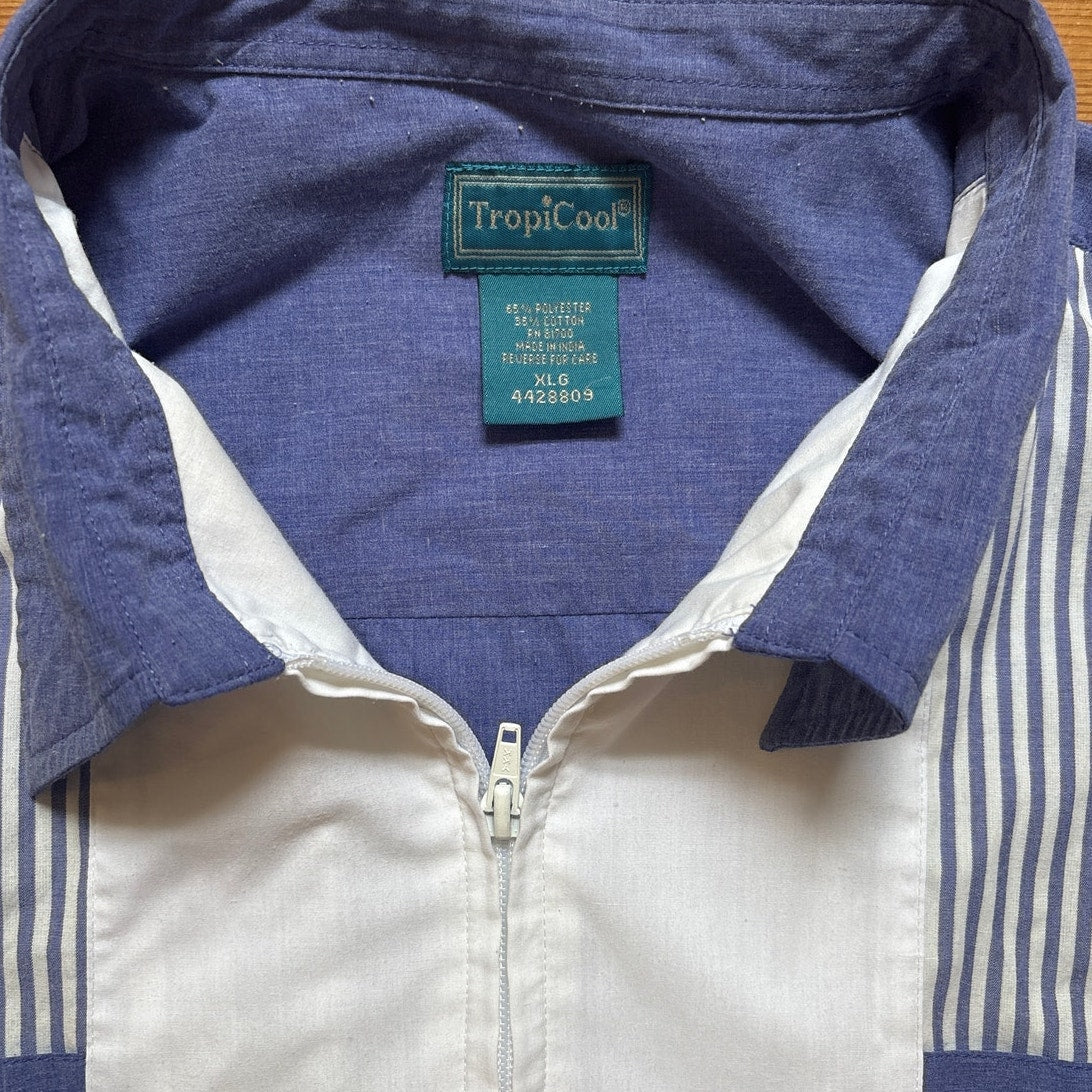 VTG Tropicool blue white pin striped zip short sleeve polo shirt SIZE XL