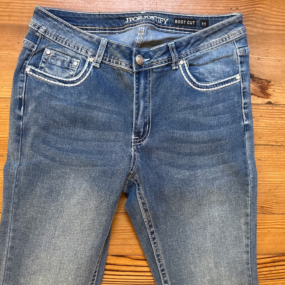 J for Justify medium wash denim jeweled cross pocket boot cut jeans SIZE 11