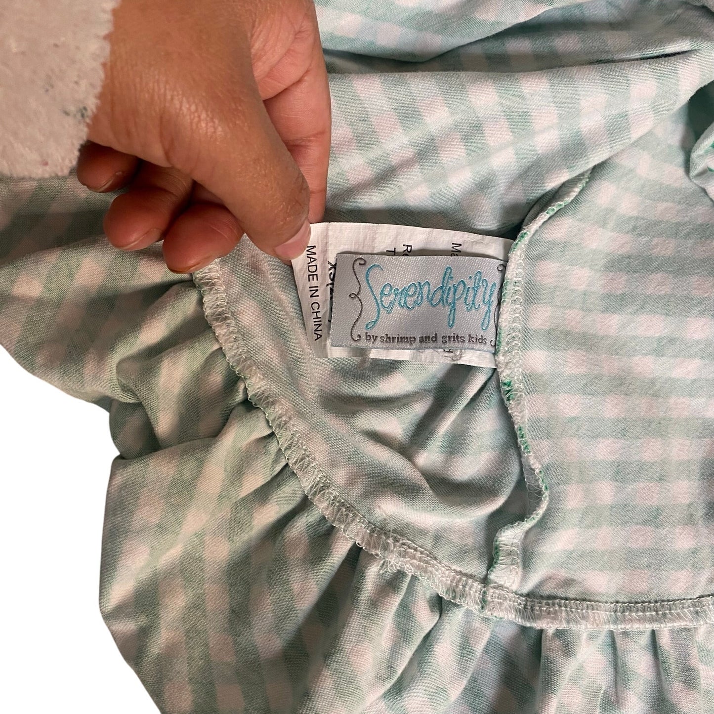 Shrimp & Grits Kids green white gingham long sleeve ruffle bottom dress SIZE XS