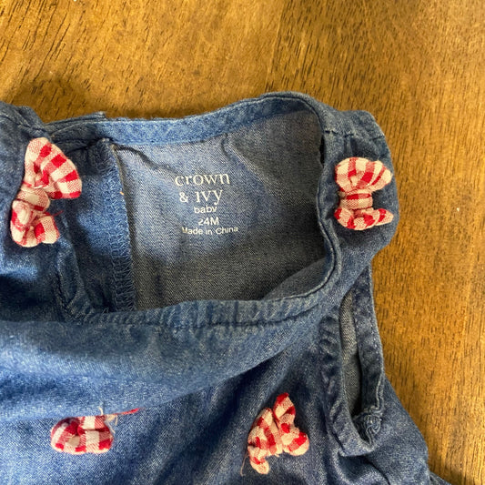 Crown & Ivy medium wash denim checkered bow sleeveless dress SIZE 24M