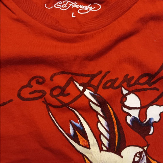 Ed Hardy red graphic short sleeve cropped womens baby shirt SIZE L