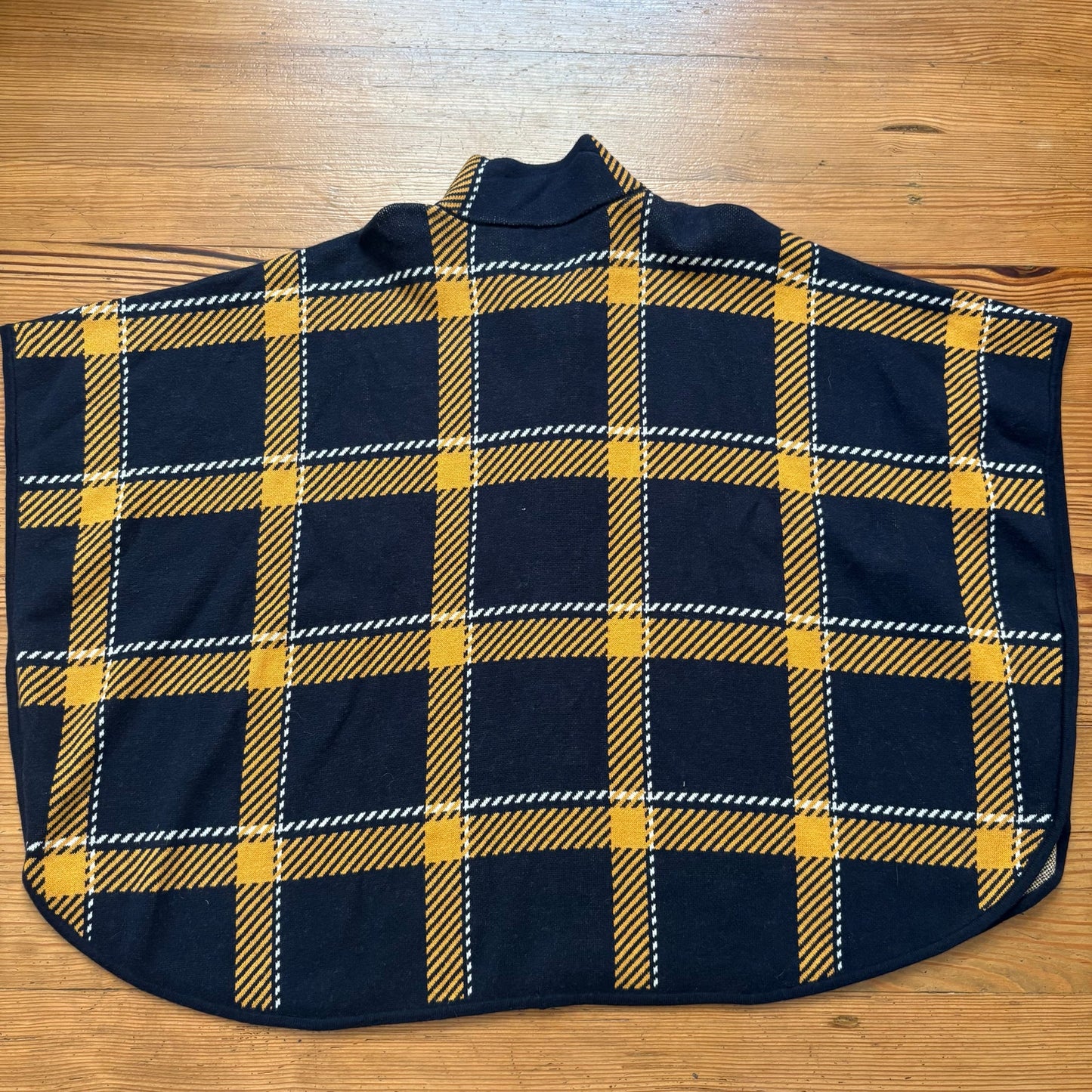 Jones New York blue yellow checkered full zip mock neck poncho sweater SIZE S/M