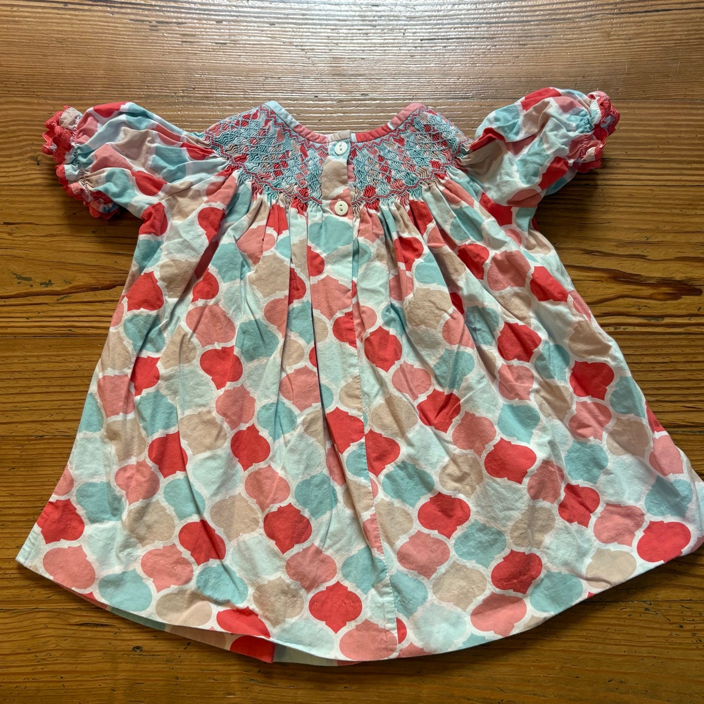 Pink blue cotton geometric smocked short ruffle sleeve girls shirt SIZE 4