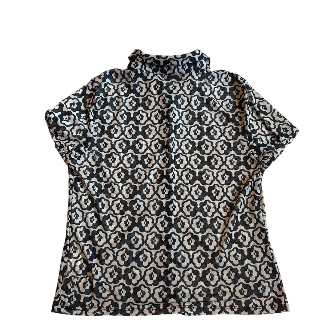 Belle Du Jour black white floral cheer short sleeve button up blouse SIZE XL