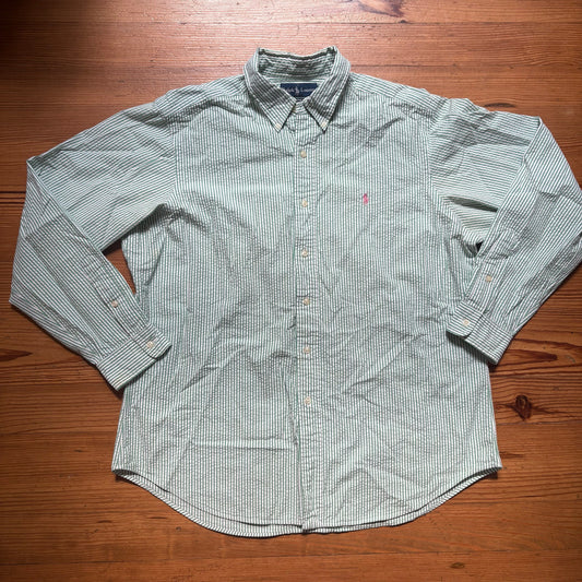 Ralph Lauren green white striped seersucker long sleeve dress shirt SIZE XL