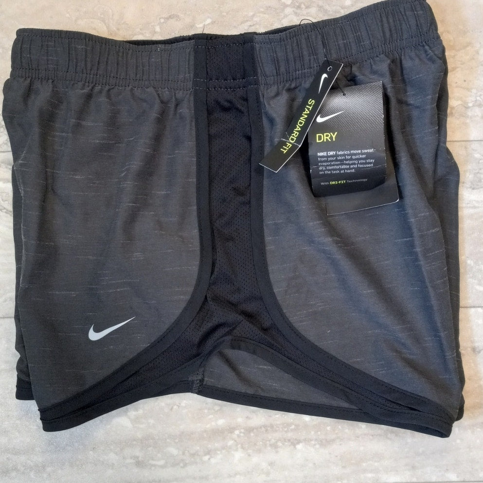 NWT Nike Dri Fit gray black standard fit lined womens running shorts SIZE S