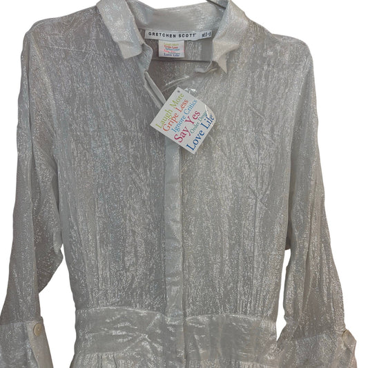 NWT Gretchen Scott silver metallic sheer long sleeve button up SIZE XL