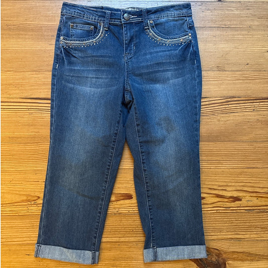 Earl Jean dark wash cropped cuffed jeweled studded lace pocket jeans SIZE 6