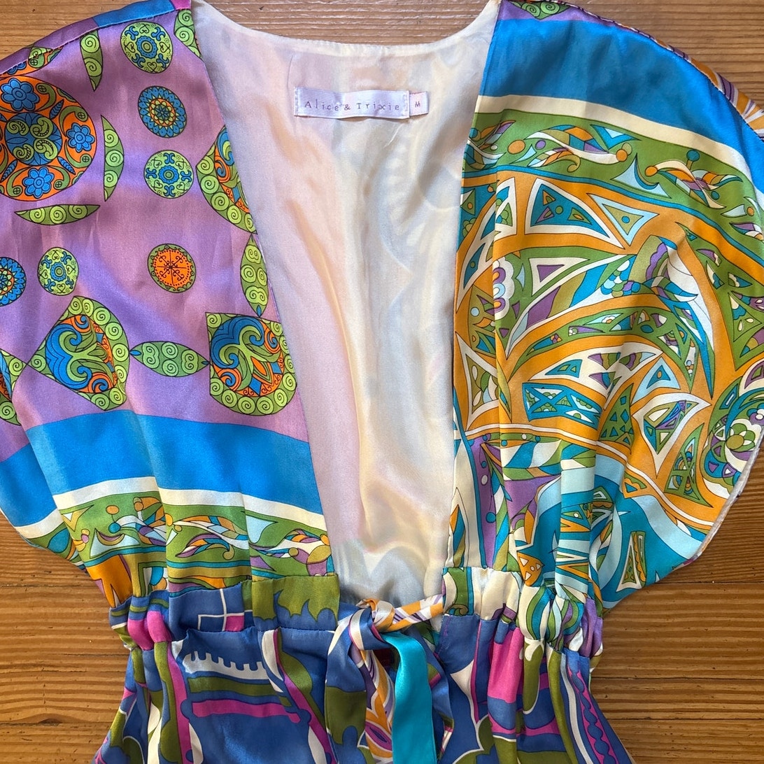 Alice & Trixie colorful silk plunge neckline tie front cap sleeve blouse SIZE M