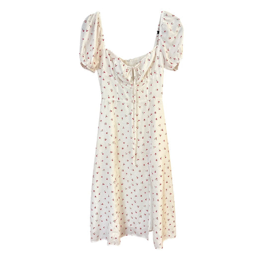 3CE white red floral babydoll puff sleeve cottage midi knee slit dress SIZE S