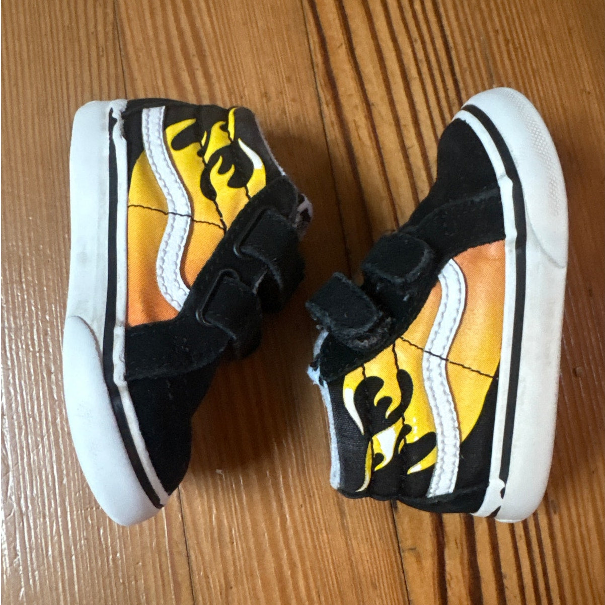 VANS black suede red orange flame high top velkro sneakers SIZE 5