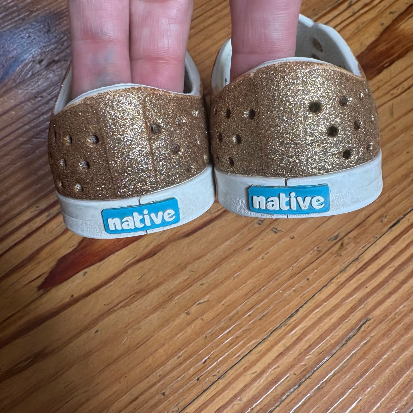 Native gold glitter white sole slip on classic shoes SIZE 5