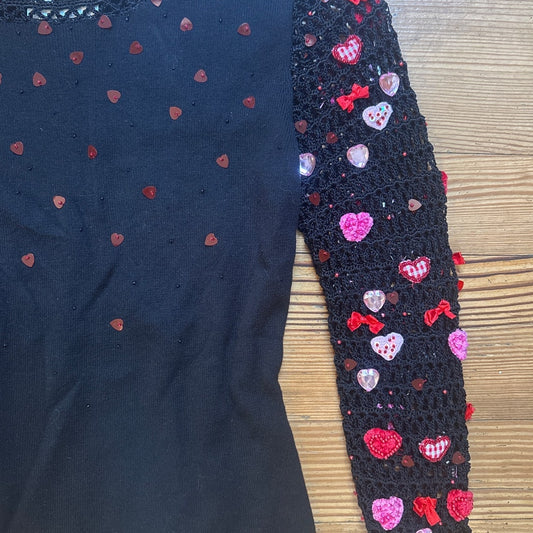 Just B crochet sleeve Valentine heart black knit long sleeve shirt SIZE S