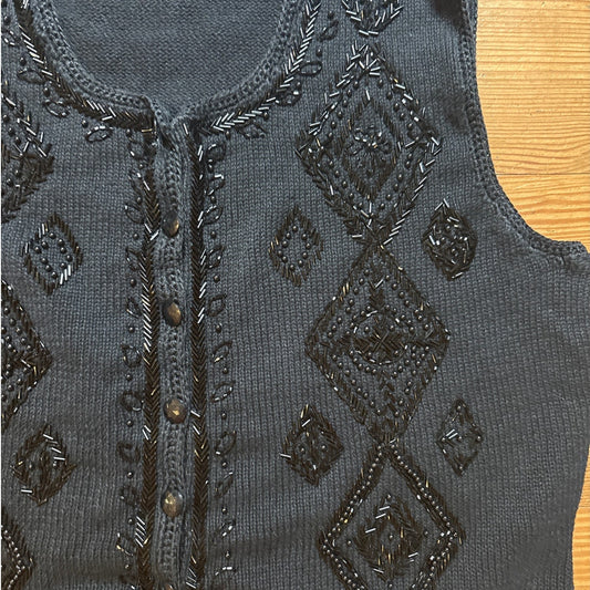 Worthington black knit beaded button front womens vest SIZE L