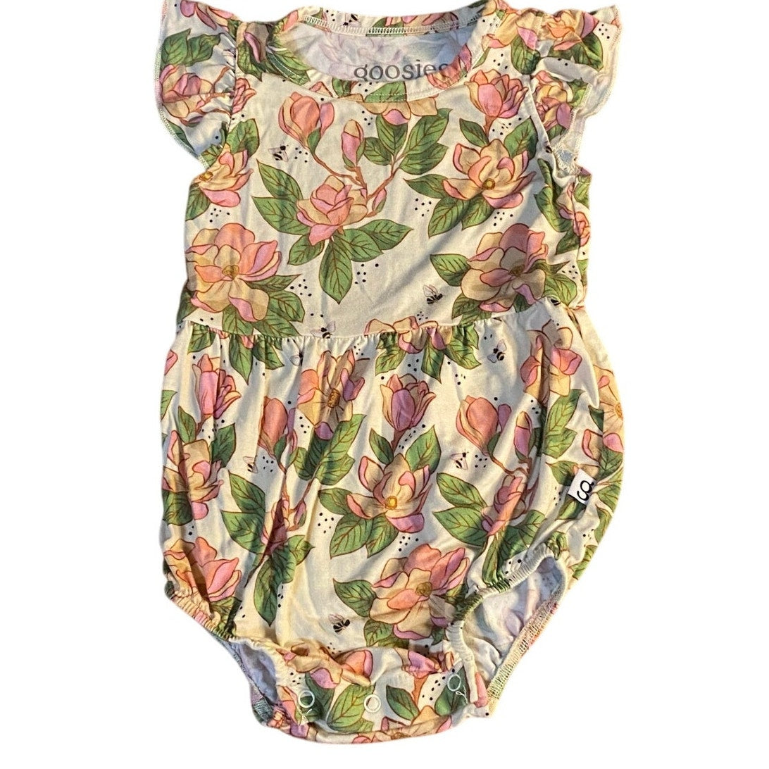 Goosies blush floral bee bamboo short ruffle sleeve bubble romper SIZE 3-6M