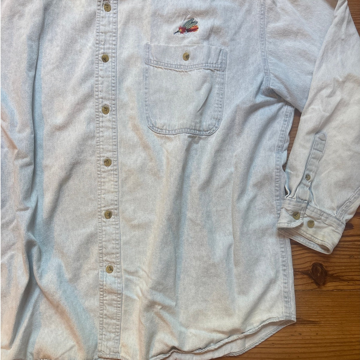 All Sport light wash denim fishing embroidered long sleeve button shirt SIZE XXL