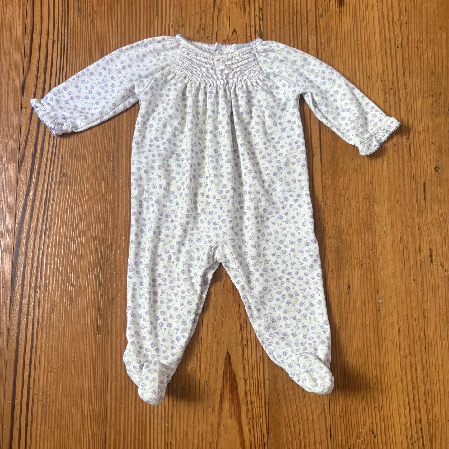 Kissy Kissy white purple floral smocked pima footed bodysuit SIZE 6-9M