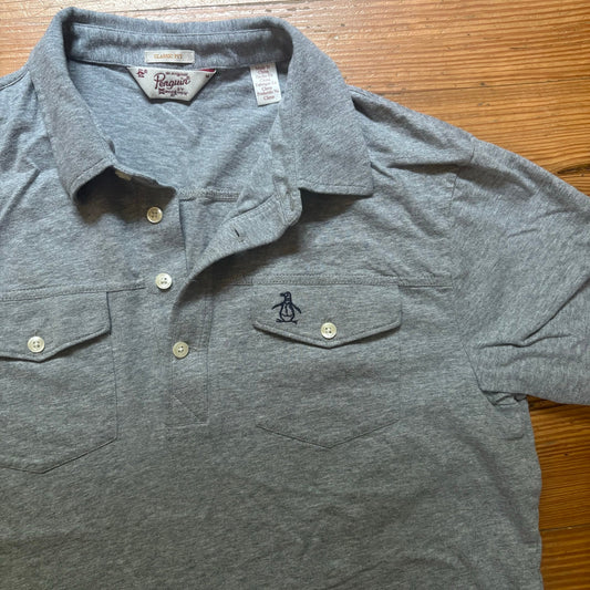 Original Penguin gray cotton henley short sleeve double pocket polo shirt SIZE M