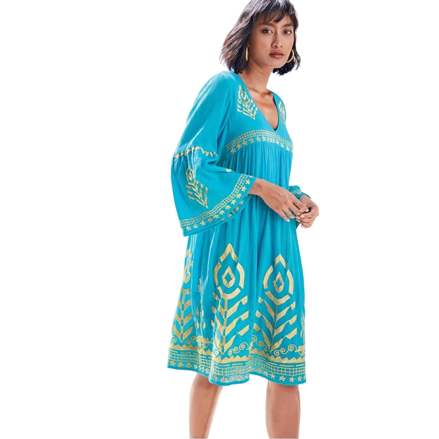NWT Soft Surroundings Zaneta turquoise blue gold embroidered dress SIZE L