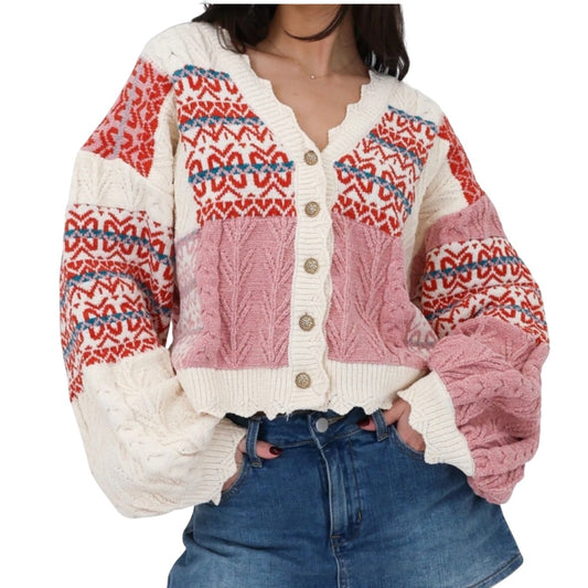 Grey Bandit Maisie patchwork ivory pink cottage cardigan sweater SIZE 2XL