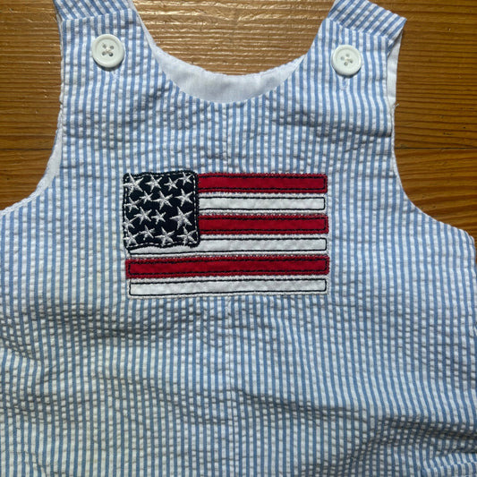 Good Lad blue white seersucker American flag baby overalls SIZE 3-6M