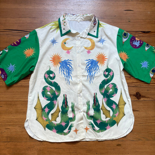 Shein white green dragon sun moon graphic short sleeve button up shirt SIZE L