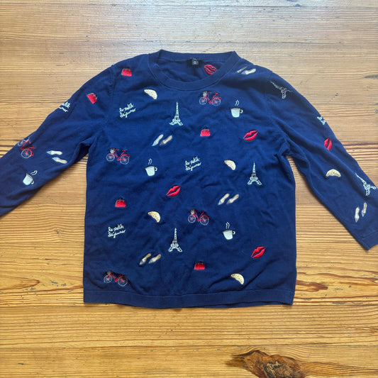 Talbots Paris dark navy blue embroidered crew lightweight sweater SIZE M