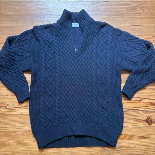 Sunday Best dark blue merino wool quarter zip henley cable knit sweater SIZE XXS