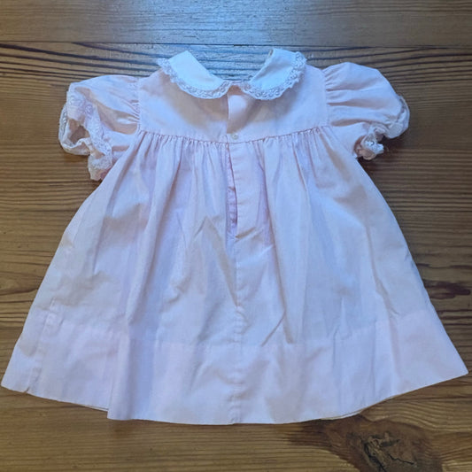 Vintage pink floral embroidered smocked lace short sleeve baby dress SIZE 6-9M