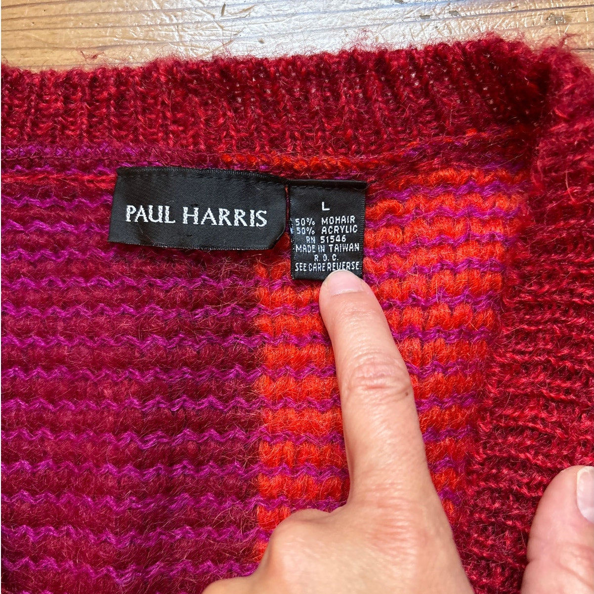 Paul Harris vintage red pink color block mohair button cardigan SIZE L